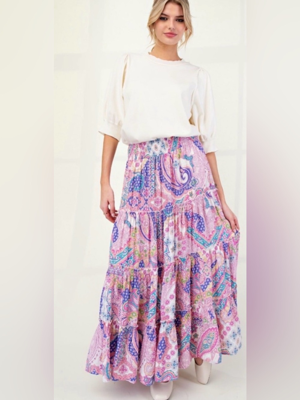 Easel Tiered Pink Paisley Maxi Skirt